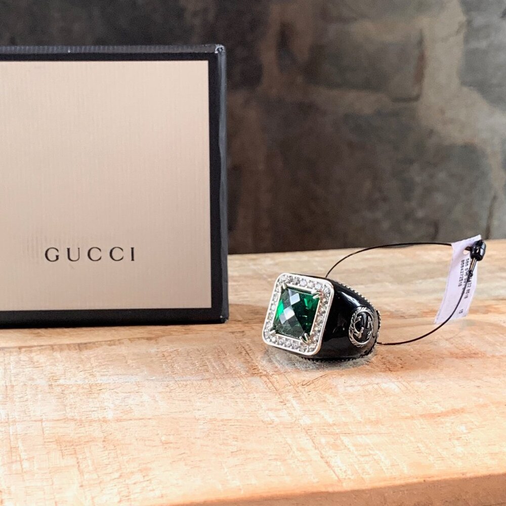 Gucci Black Enamel Crystal GG Cocktail Ring